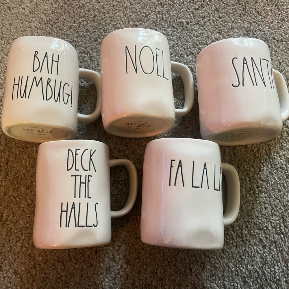 Rae Dunn Festive Christmas/Holiday Mug Collection set of 5- Cream